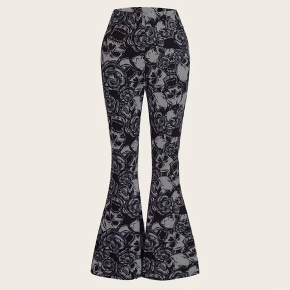 ROMWE Goth Skull & Floral Print Flare Pants - Picture 1 of 6